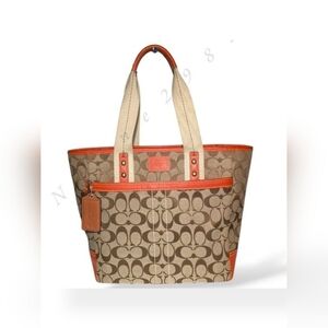 Vintage Coach Tote Signature Canvas Tote Khaki Brown Orange Leather Shoulder Bag